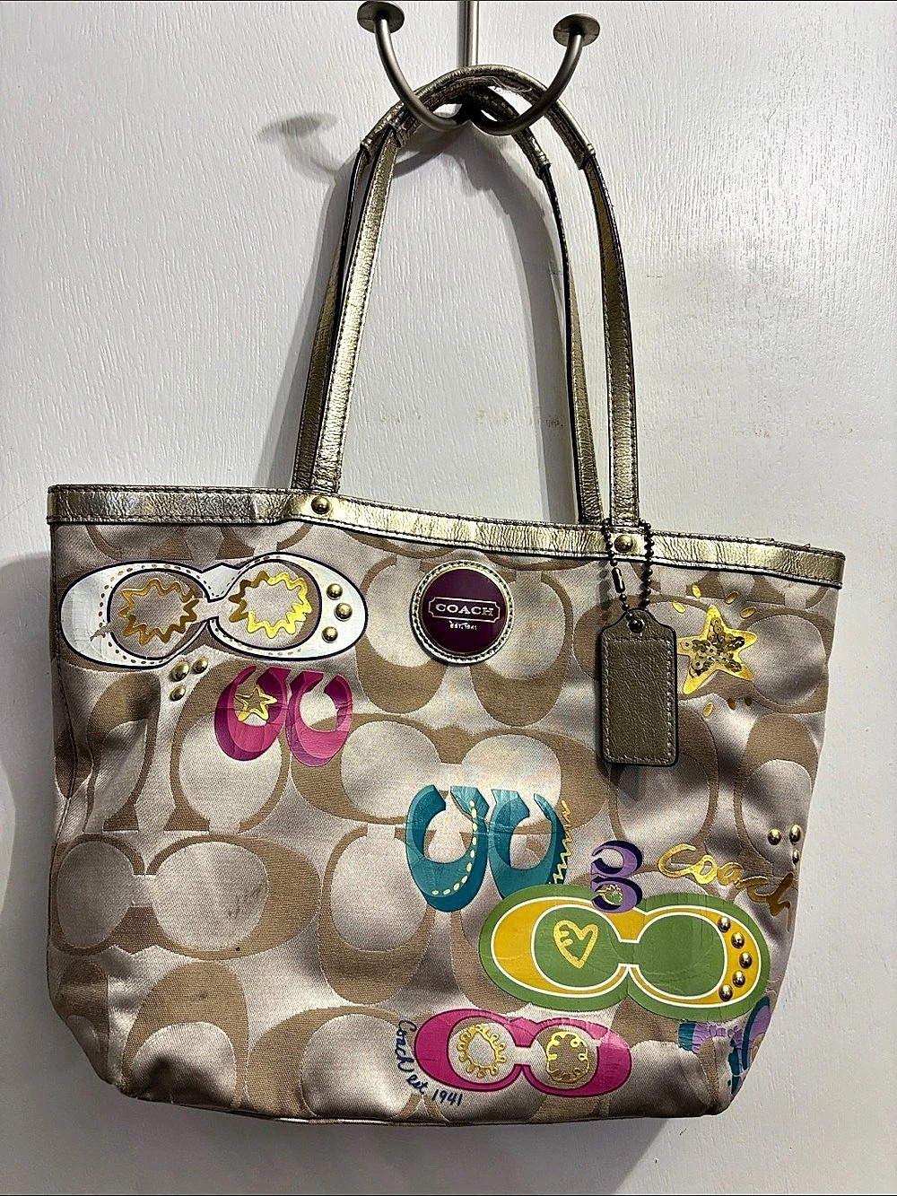 Coach Poppy Pop C Metallic Graffiti Glam Tote Gold & Brown